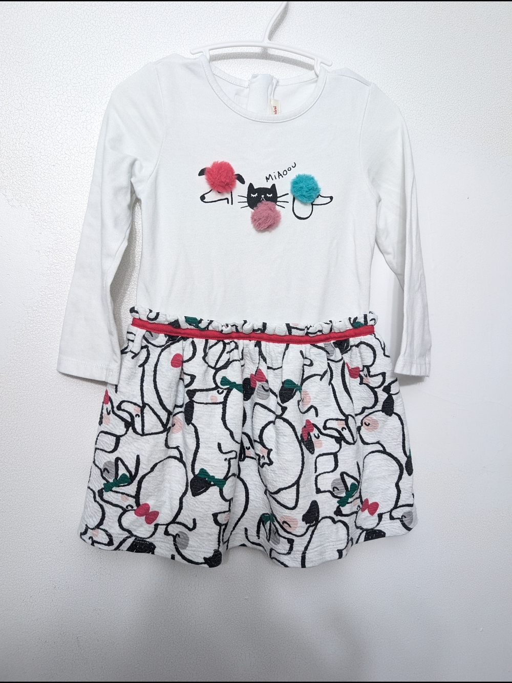 Catimini Girls White Long-Sleeve Cat And Dog Pom-Pom Dress 2 T